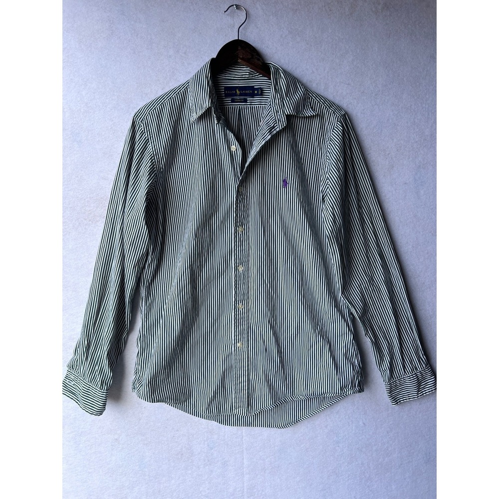 Ralph Lauren Mens Custom Fit Striped Button Down Shirt Green White Medium
